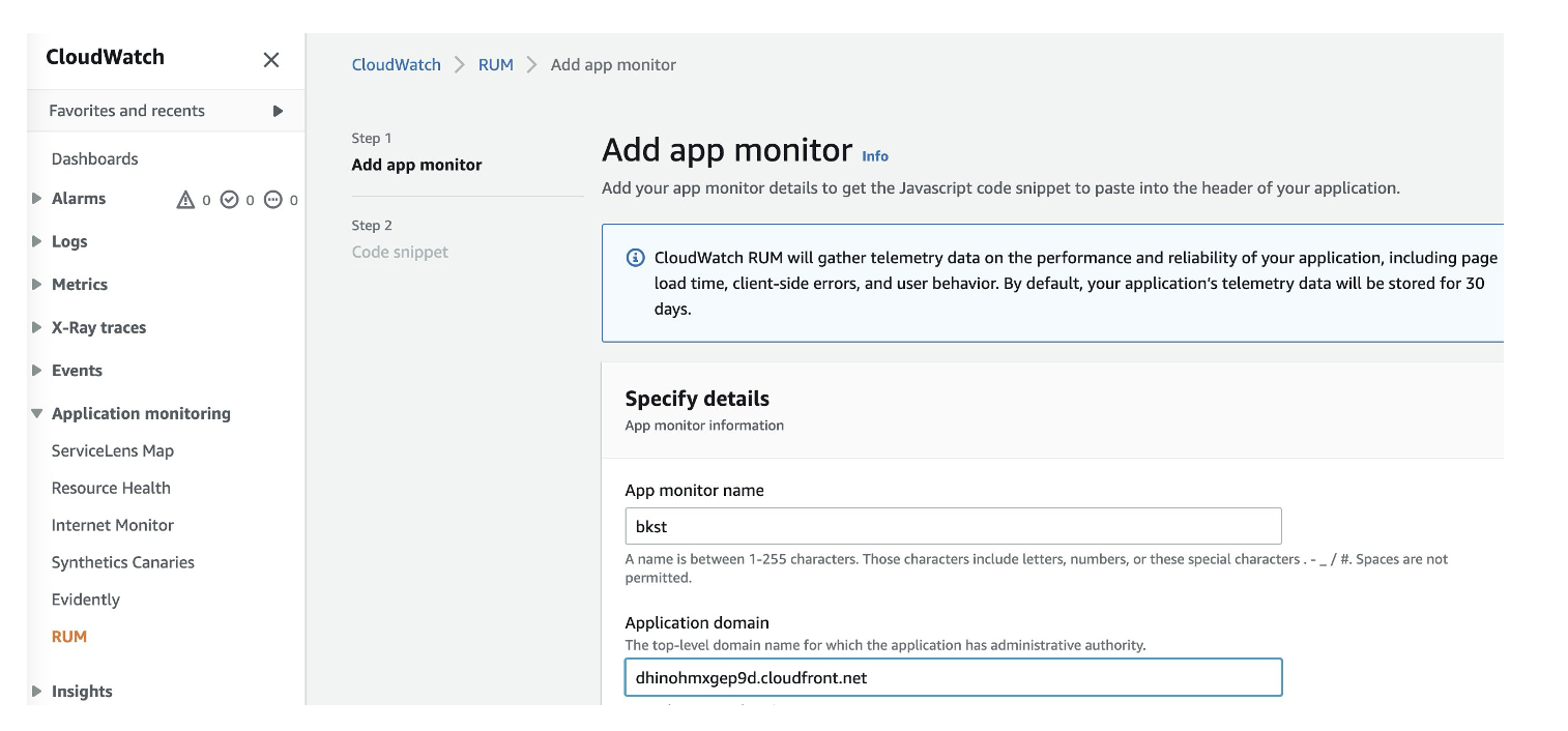 Screenshot of CloudWatch RUM "Add app monitor" section